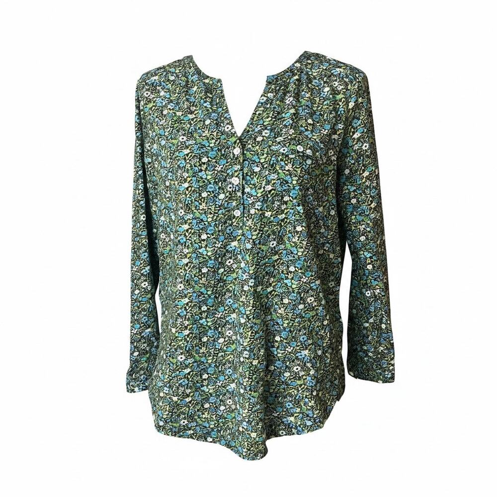 J. Jill Ditsy Floral Cotton Long Sleeve Roll Tab V-Neck XS Green Blue Cottage